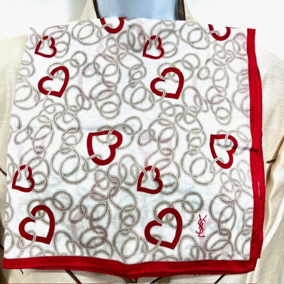 Vgt  Yves Saint Laurent Mini Scarf/Handkerchief Cotton, 22" Beige Ivery Red(14 - Picture 2 of 6